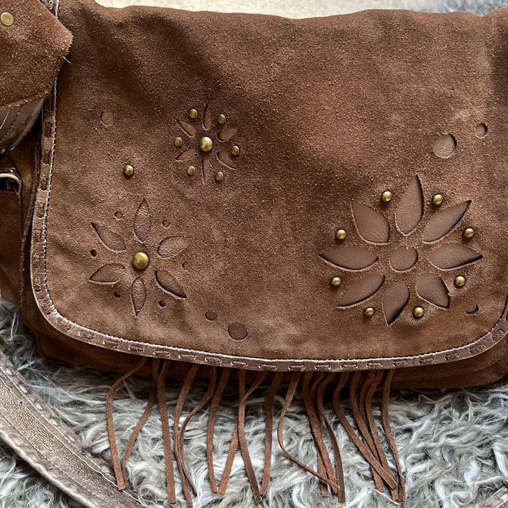 Brown Suede Leather Crossbody Handbag Gorgeous Metallic Boho Bag Leather Putse - Picture 7 of 16